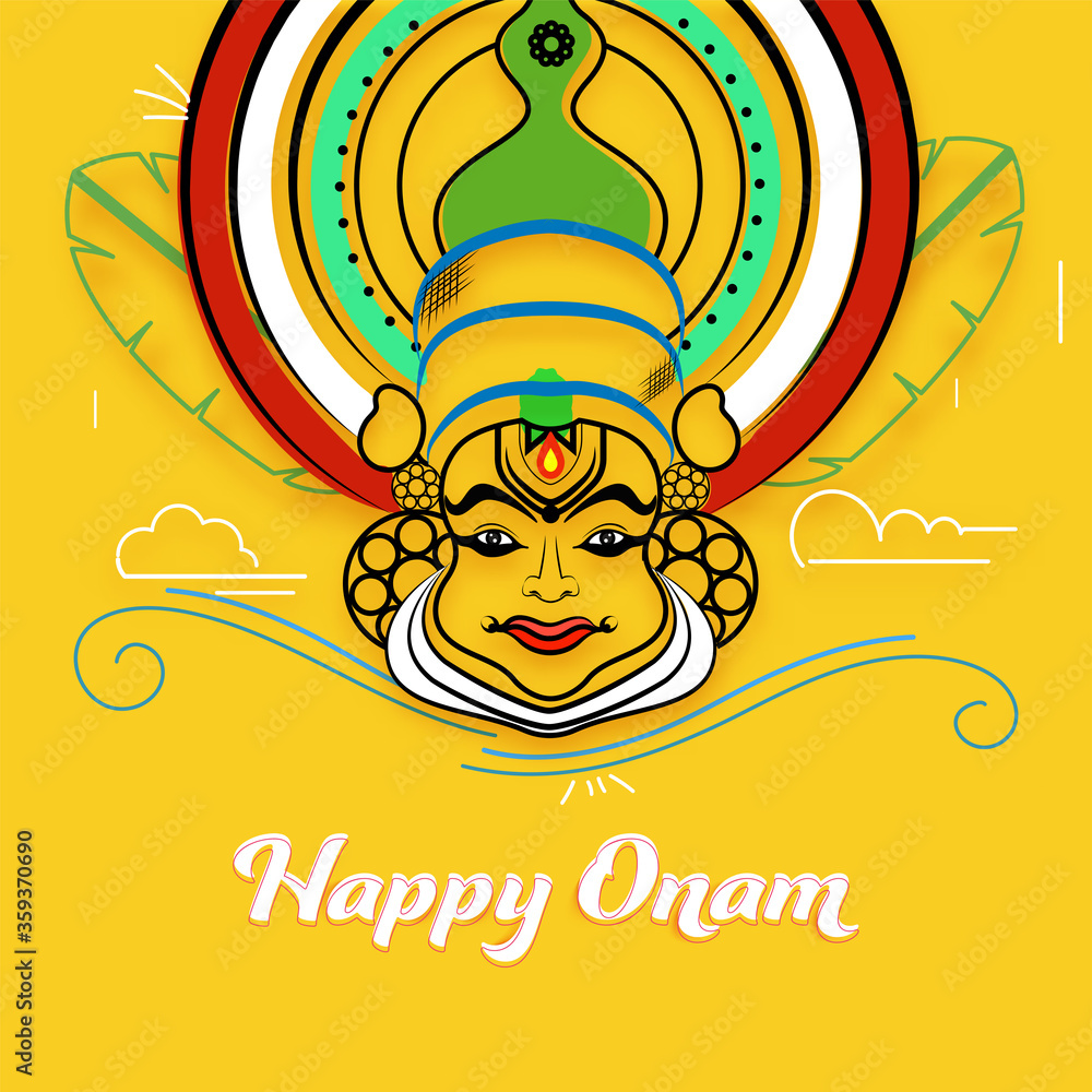 Happy Onam Font with Cartoon Kathakali Face, Line Art Banana Leaves and  Waves on Yellow Background. Stock Vector | Adobe Stock