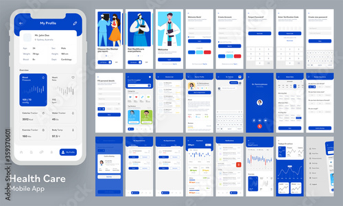 Healthcare Mobile App Ui Kit with Responsive Website Wireframes on Grey Background.