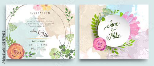 Wedding Invitation, floral invite thank you, rsvp modern card Design: green tropical palm leaf greenery eucalyptus branches decorative wreath & frame pattern. Vector elegant watercolor rustic template