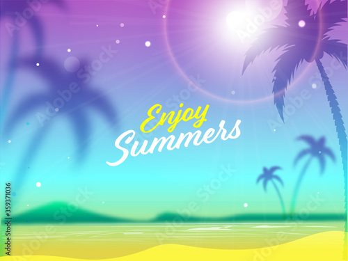 Enjoy Summers Font on Blurred Gradient Beach Sunshine Background.