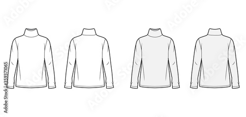 Cotton jersey top technical fashion illustration set with turtleneck, tunic length oversized body long sleeves flat.