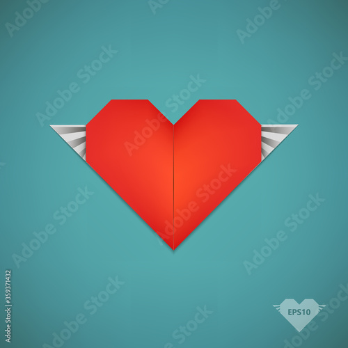 vector retro paper origami heart with wings, valentine card, poster, love romantic banner
