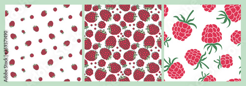 Red raspberry. Berry seamless pattern set. Vector food fashion print. Design elements for textile or clothes. Hand drawn doodle repeating delicacies. Cute background