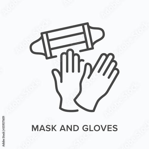 Face mask and gloves flat line icon. Vector outline illustration of coronavirus PPE. Medical safety wear thin linear pictogram