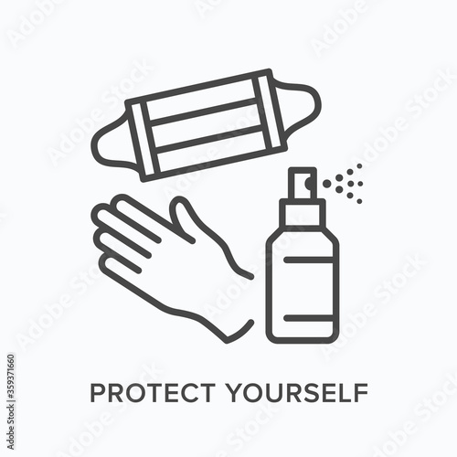 Face mask, gloves and sanitizing spray flat line icon. Vector outline illustration of coronavirus PPE. Medical safety wear thin linear pictogram