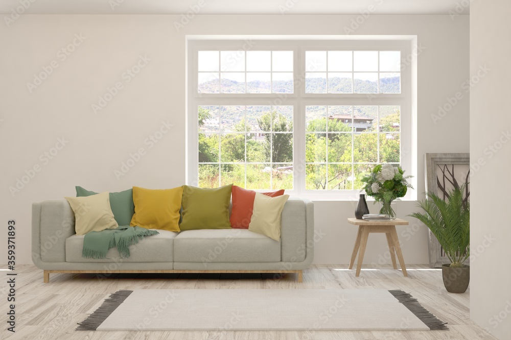 White living room with sofa and summer landscape in window. Scandinavian interior design. 3D illustration White living room with sofa and summer landscape in window. Scandinavian interior design. 3D illustration