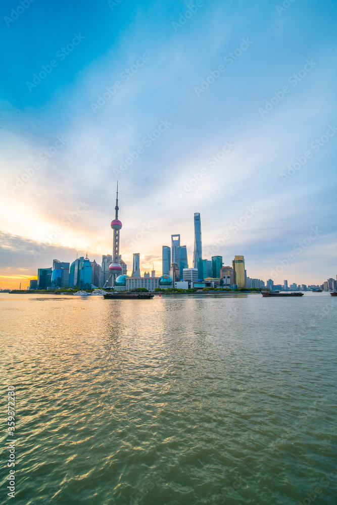 The sunrise view of Lujiazui, the financial district in Shanghai, China.