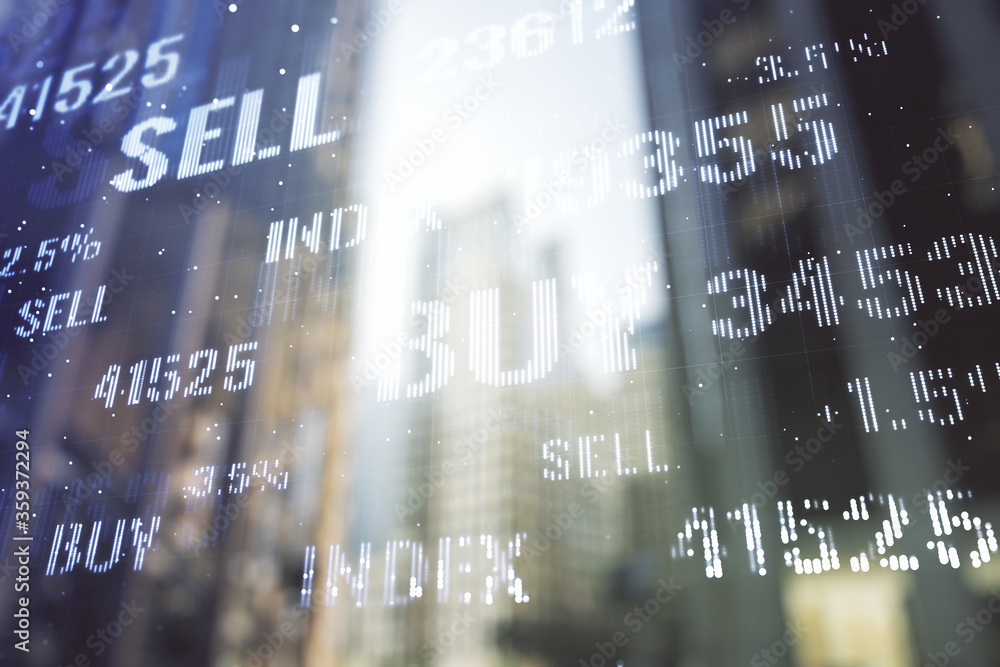 Fototapeta premium Multi exposure of abstract financial graph on office buildings background, financial and trading concept