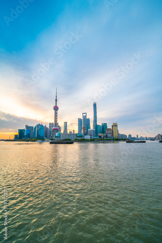 The sunrise view of Lujiazui, the financial district in Shanghai, China. © Zimu