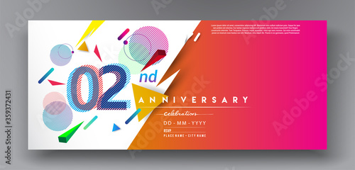 2nd years anniversary logo, vector design birthday celebration with colorful geometric isolated on white background.