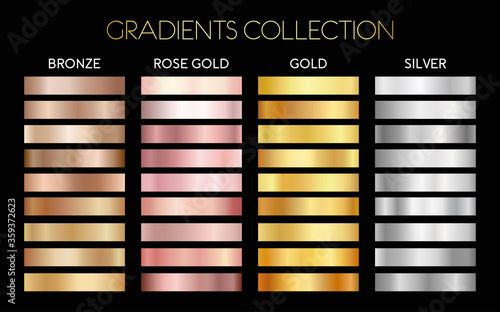 Set of gold, silver, bronze and rose gold foil texture backgrounds.  Vector illustration for frame, ribbon, banner, flyer, card, poster, coin and label. Gradients collection.