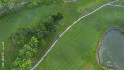 Aerial view putting green and beautiful turf golf course in Kota Kinabalu, Sabah, Malaysia