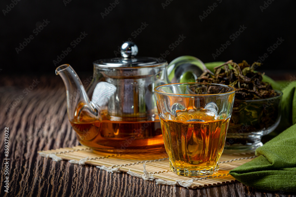 Oolong green tea in a teapot and bowl. Oolong green tea in a teapot and bowl.