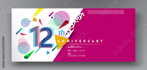 12th years anniversary logo, vector design birthday celebration with colorful geometric isolated on white background.