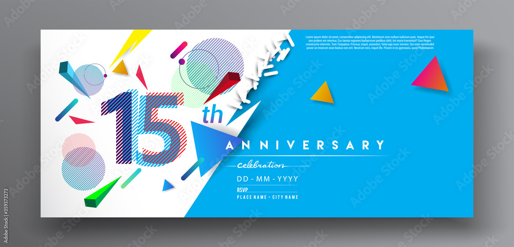 15th years anniversary logo, vector design birthday celebration with colorful geometric isolated on white background.