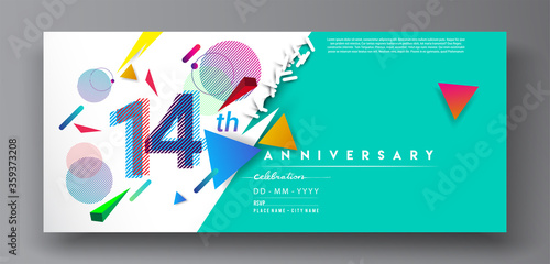 14th years anniversary logo, vector design birthday celebration with colorful geometric isolated on white background.