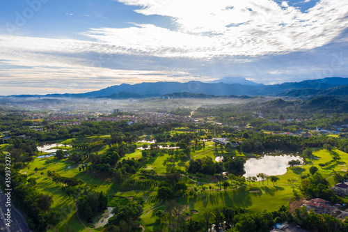 Aerial view putting green and beautiful turf golf course in Kota Kinabalu, Sabah, Malaysia