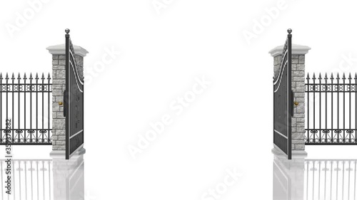 Opening iron gate on white reflective background - 3D animation seamlessly loopable