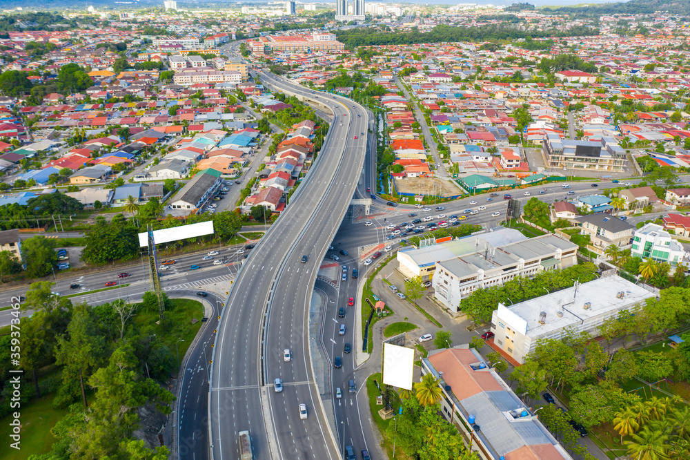Aerial image of car moving on Kota Kinabalu City, Sabah, Malaysia