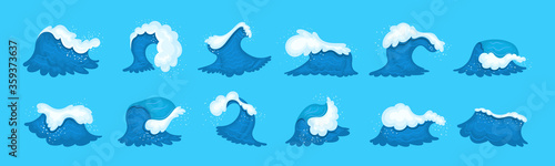 Sea wave cartoon set. Blue water ocean waves, marine surf wave, ripples tides sea storm, tidal different shapes vector