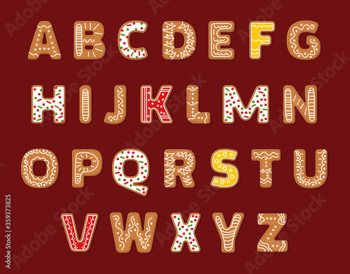 Gingerbread holidays cookies font alphabet, Christmas or New Year winter food. Figures decorated glazed sugar vector