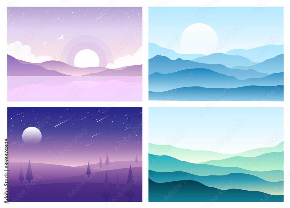Vector illustration set of landscape with silhouettes of hills and mountains, sea and valley. Banners  for web design development in flat style. Night Landscape graphics.