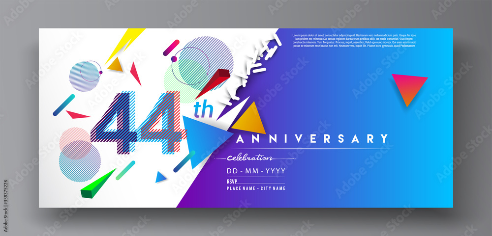 44th years anniversary logo, vector design birthday celebration with colorful geometric isolated on white background.