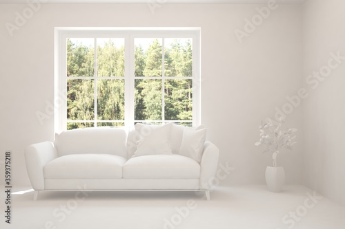 White living room with sofa and summer landscape in window. Scandinavian interior design. 3D illustration