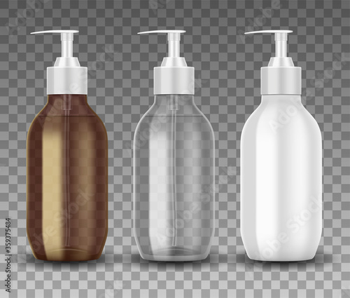 Realistic glass and plastic bottle with dispenser pump. Transparent bottle template mockup with liquid gel, soap, lotion, shampoo, cream isolated.