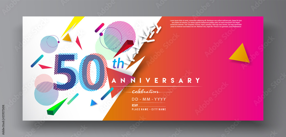 50th years anniversary logo, vector design birthday celebration with colorful geometric isolated on white background.