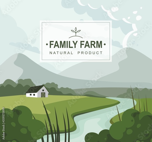 Farm landscape with house, mountains and a river. Nature. 
