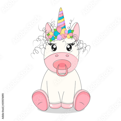 Cute little baby unicorn with curly hair stock vector illustration. 