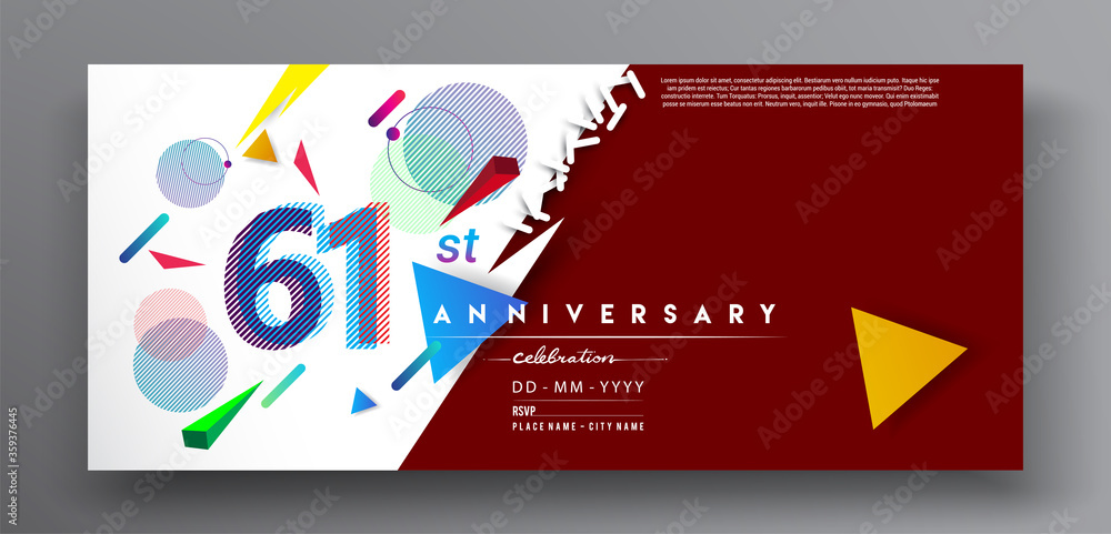 61st years anniversary logo, vector design birthday celebration with colorful geometric isolated on white background.