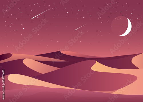 Vector set illustration of desert sunset and night landscape with silhouettes of stones, mountains, hills, plants and cactuses. Cartoon Western scene under the moon. Night in Mexican desert.