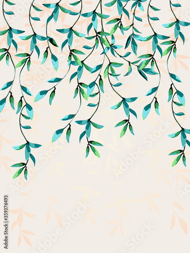 Floral background with aquamarine leaves. Twigs with exotic tropical leaves hanging from the top.
