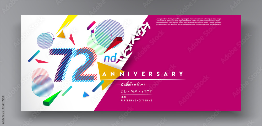 72nd years anniversary logo, vector design birthday celebration with colorful geometric isolated on white background.