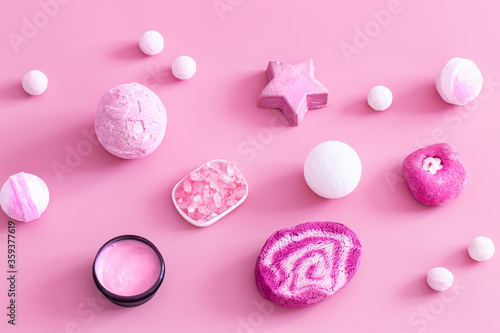 Spa composition with body care items on a colored background
