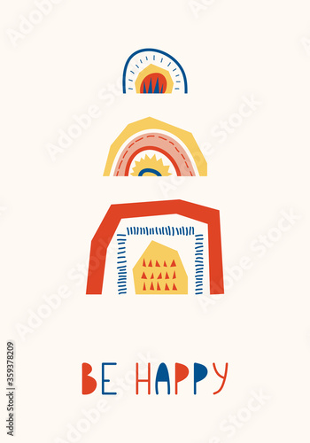 Simple poster with phrase "Be happy". Vector cheerful postcard with abstract rainbows