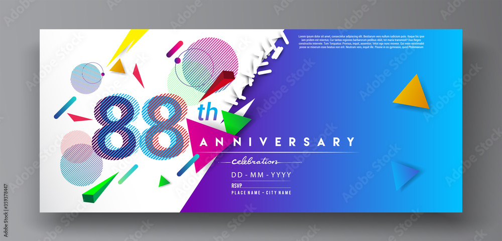 88th years anniversary logo, vector design birthday celebration with colorful geometric isolated on white background.