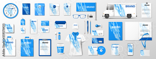 Corporate identity template with classic blue color elements. Realistic Business Stationery mockup with abstract geometric design for your brand. Vector illustration