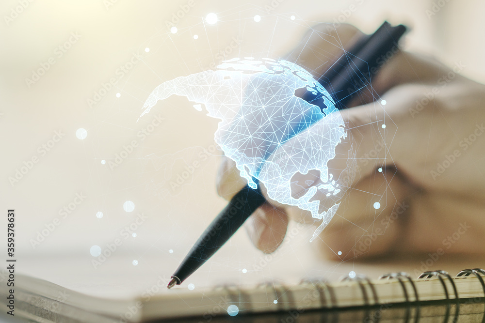 Fototapeta premium Double exposure of graphic America map and woman hand writing in notepad on background, big data and digital technology concept