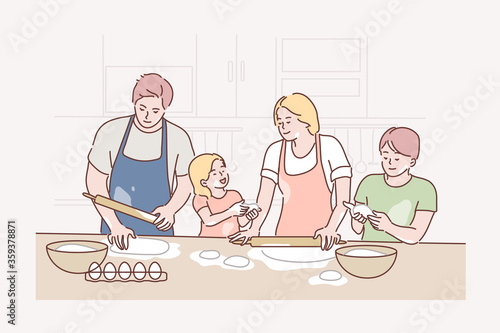Recreation, cooking, fatherhood, motherhood, childhood concept. Characters young man dad woman mom children kids son daughter baking on kitchen together. Family leisure activity fathers mothers day.