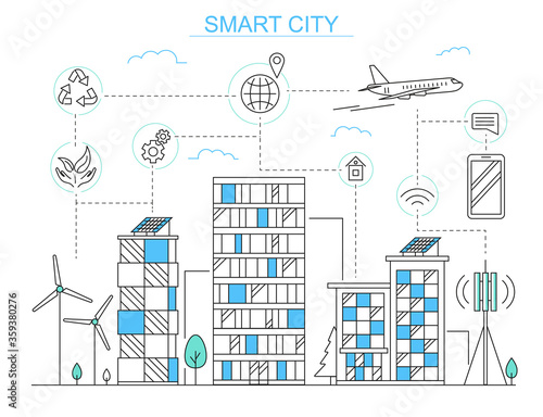Smart City Urban Building Concept Contour Linear Style. Vector