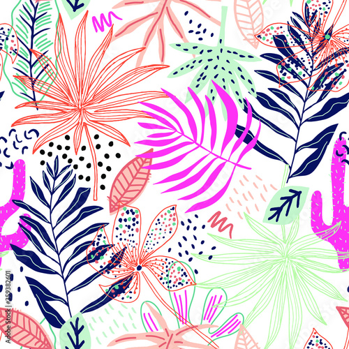 Seamless tropical pattern with hand drawn plants, leaves and exotic flowers. Jungle summer background. Perfect for fabric design, wallpaper, apparel. Vector illustration
