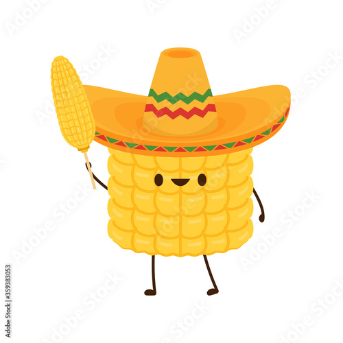 Corn in a Mexican hat. Corn vector. Corn character design. Corn vector on white background.