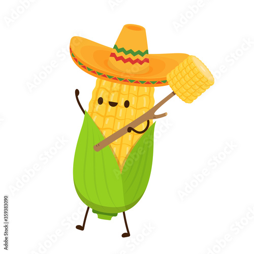 Corn in a Mexican hat. Corn vector. Corn character design. Corn vector on white background.