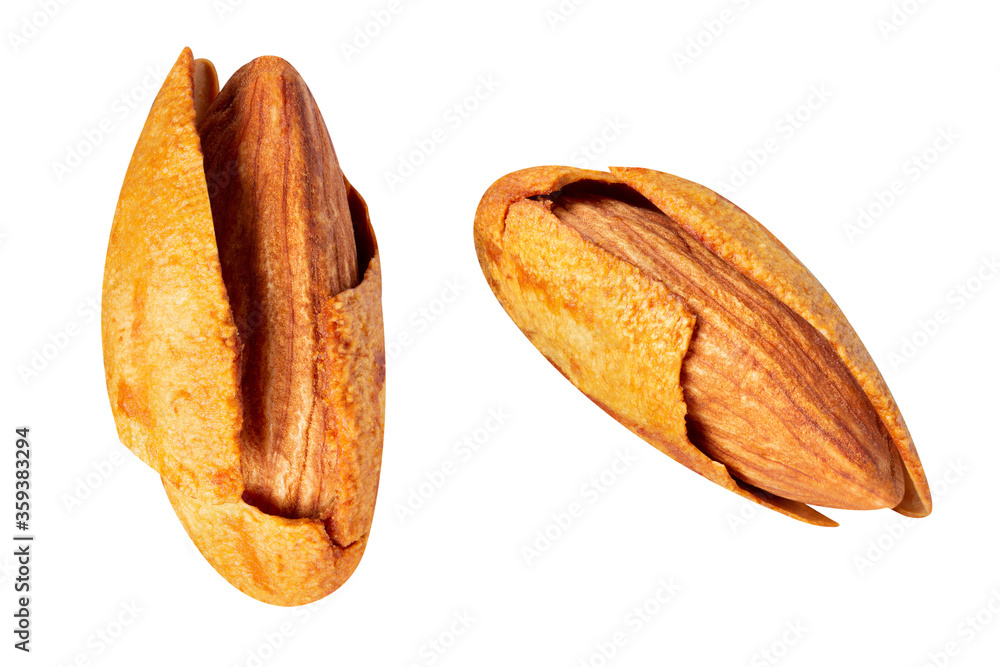 Almond nuts Mixed Bark piece on white isolated with clipping path Almond nuts Mixed Bark piece on white isolated with clipping path
