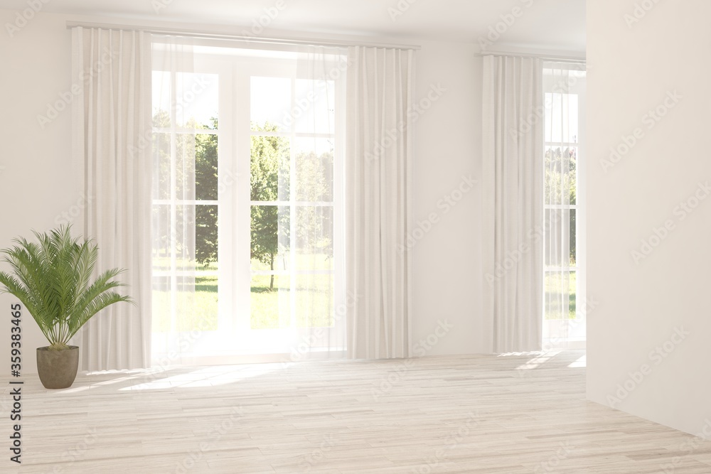 White empty room with summer landscape in window. Scandinavian interior design. 3D illustration White empty room with summer landscape in window. Scandinavian interior design. 3D illustration