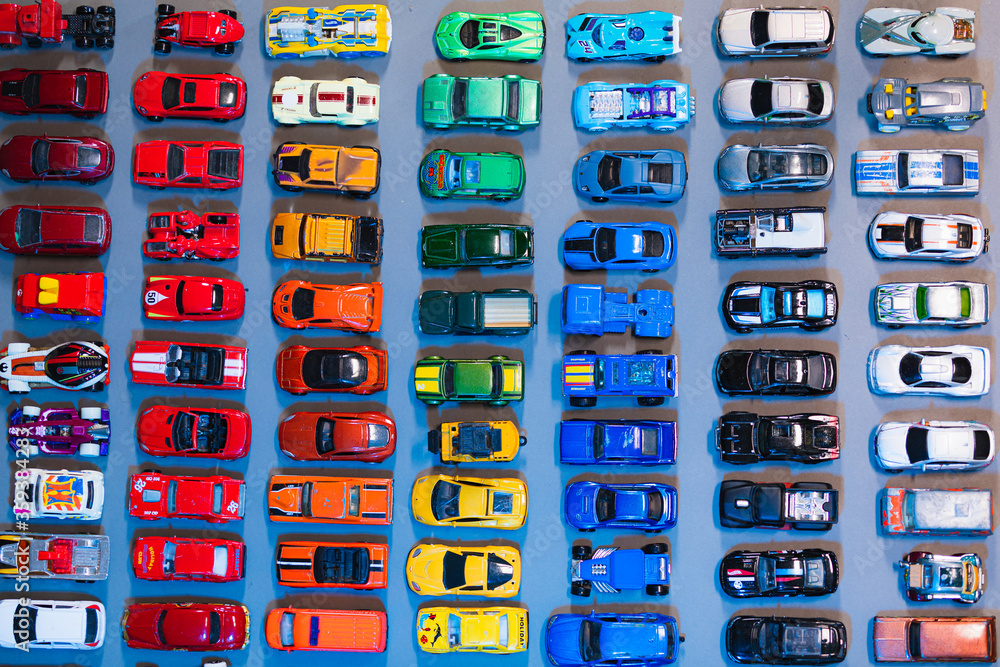 Top view of toy cars parking. Top view of toy cars parking.