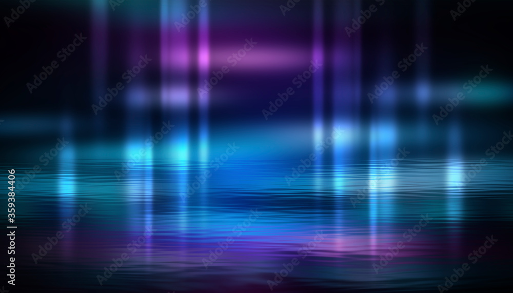 Dark background, neon lights, reflection on the water. Modern abstraction, night view. Rays and lines in neon. Liquid, puddles, flooding. 3D illustration Dark background, neon lights, reflection on the water. Modern abstraction, night view. Rays and lines in neon. Liquid, puddles, flooding. 3D illustration